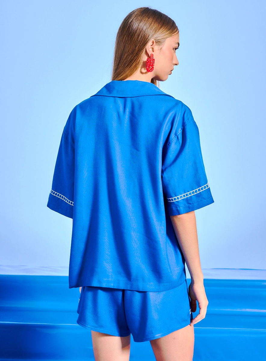 Camisa Comfort Linho Bordada Azul Souisy