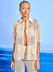 Camisa Feminina Tule Detalhe Linho Bordada