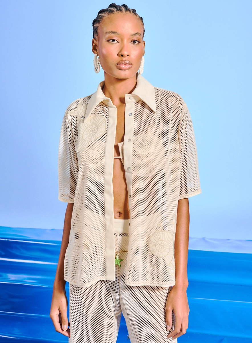 Camisa Feminina Tule Detalhe Linho Bordada Bege Souisy