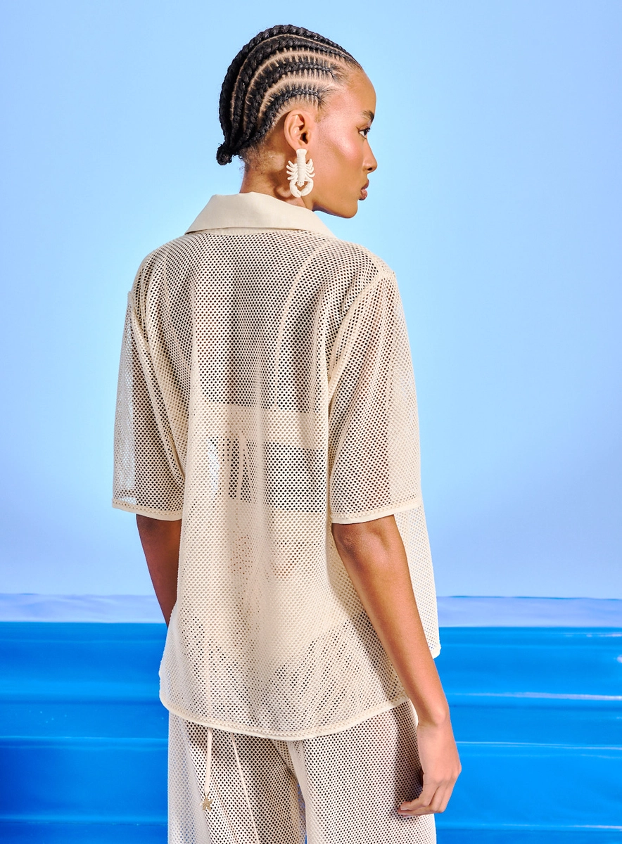 Camisa Feminina Tule Detalhe Linho Bordada Bege Souisy