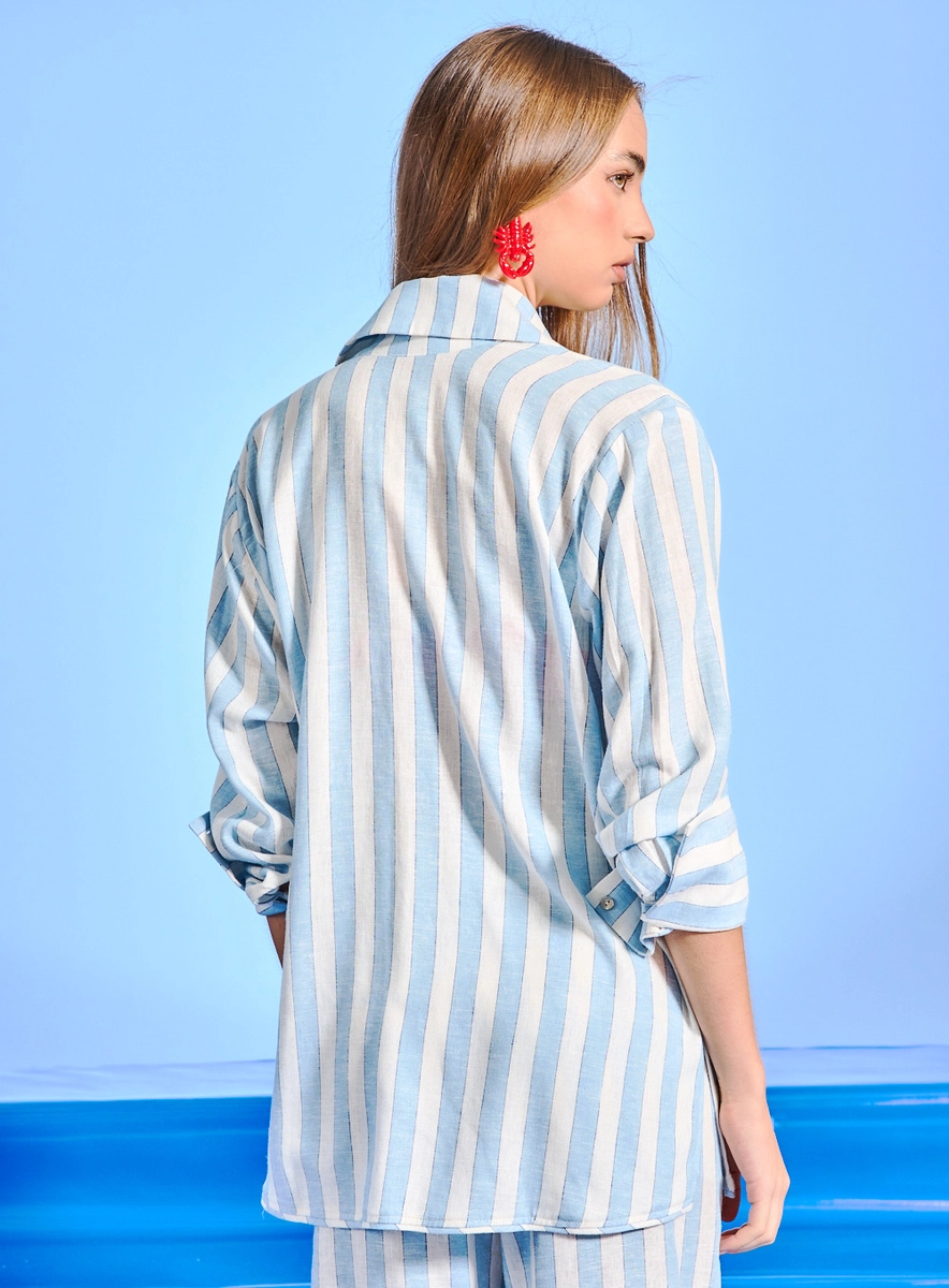 Camisa Feminina Linho Alongada Listrada Estampados Souisy