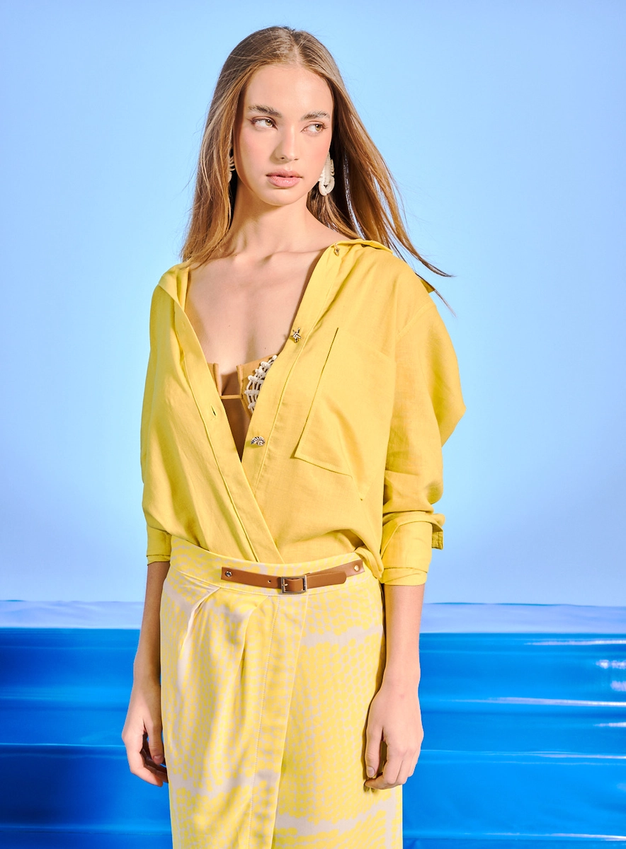 Camisa Feminina Linho Manga Longa E Botões Joia Amarelo Souisy