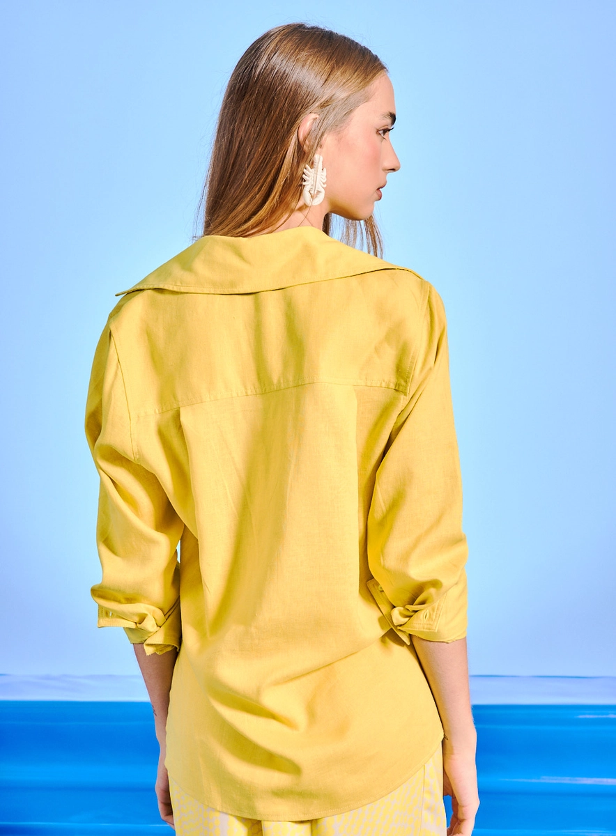 Camisa Feminina Linho Manga Longa E Botões Joia Amarelo Souisy