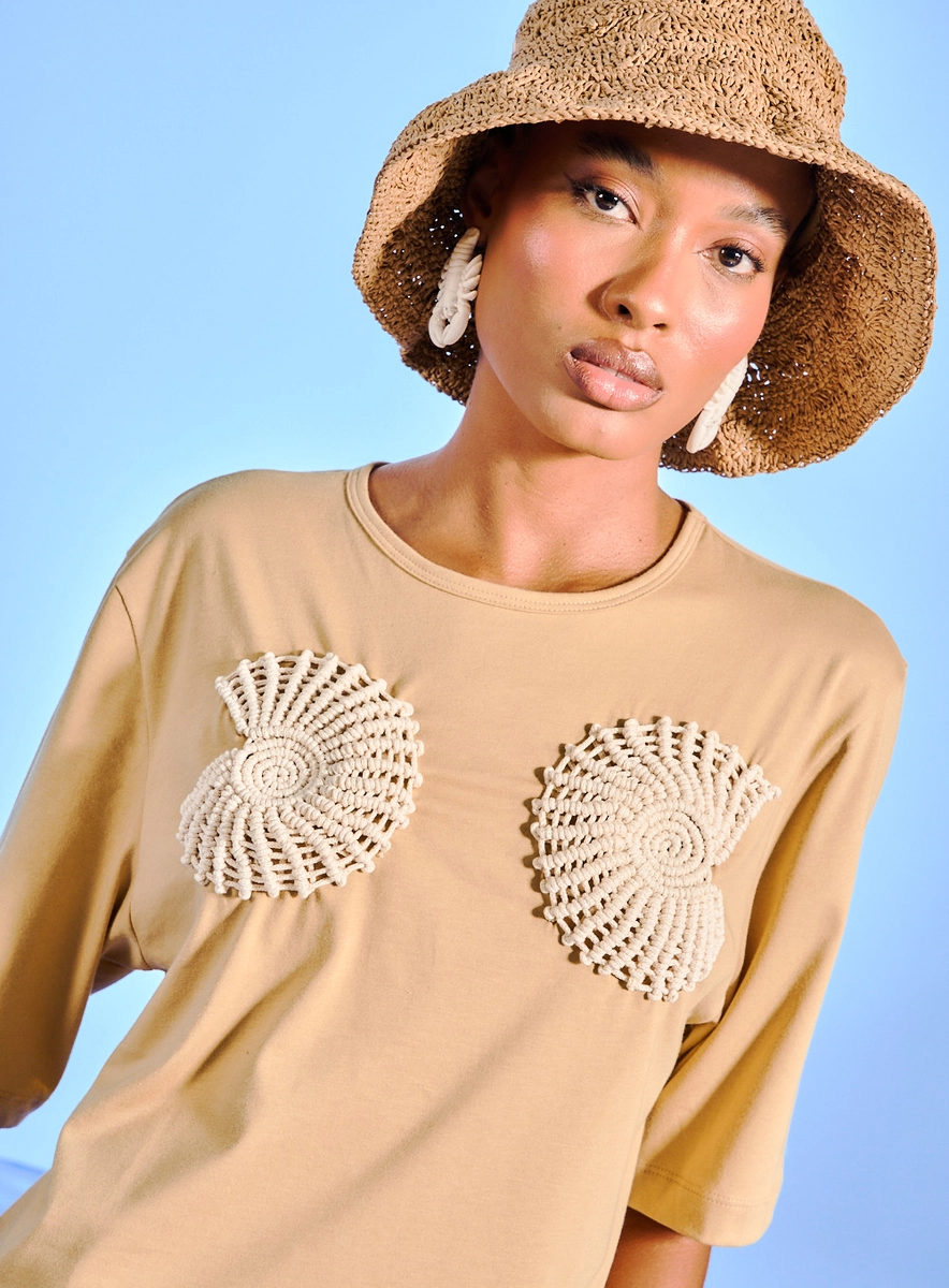 Blusa Feminina Malha Pima Bordada Bege Souisy