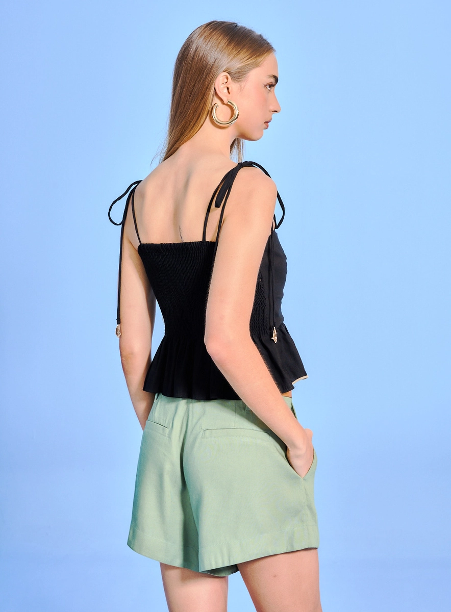 Blusa Feminina Alça Fina Com Amarração E Babado Preto Souisy