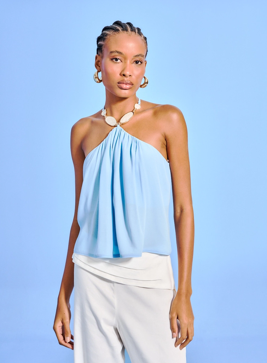 Blusa Feminina Decote Halter Com Detalhe Azul Souisy