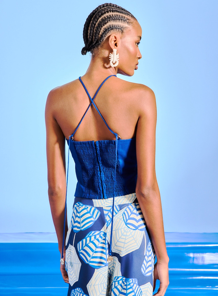 Blusa Feminina Decote Halter E Lastex Azul Souisy