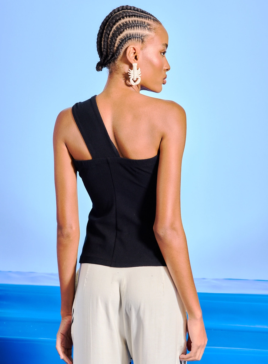 Blusa Feminina Ombro Só Com Recorte Preto Souisy