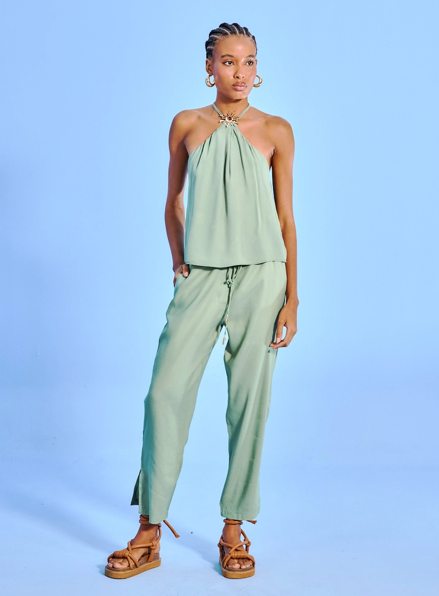 Blusa Feminina Decote Halter Com Drapeado Verde Souisy
