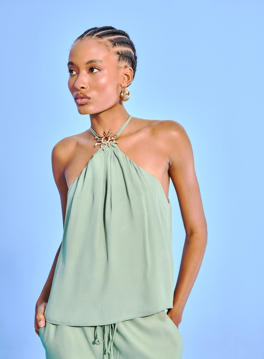Blusa Feminina Decote Halter Com Drapeado Verde Souisy