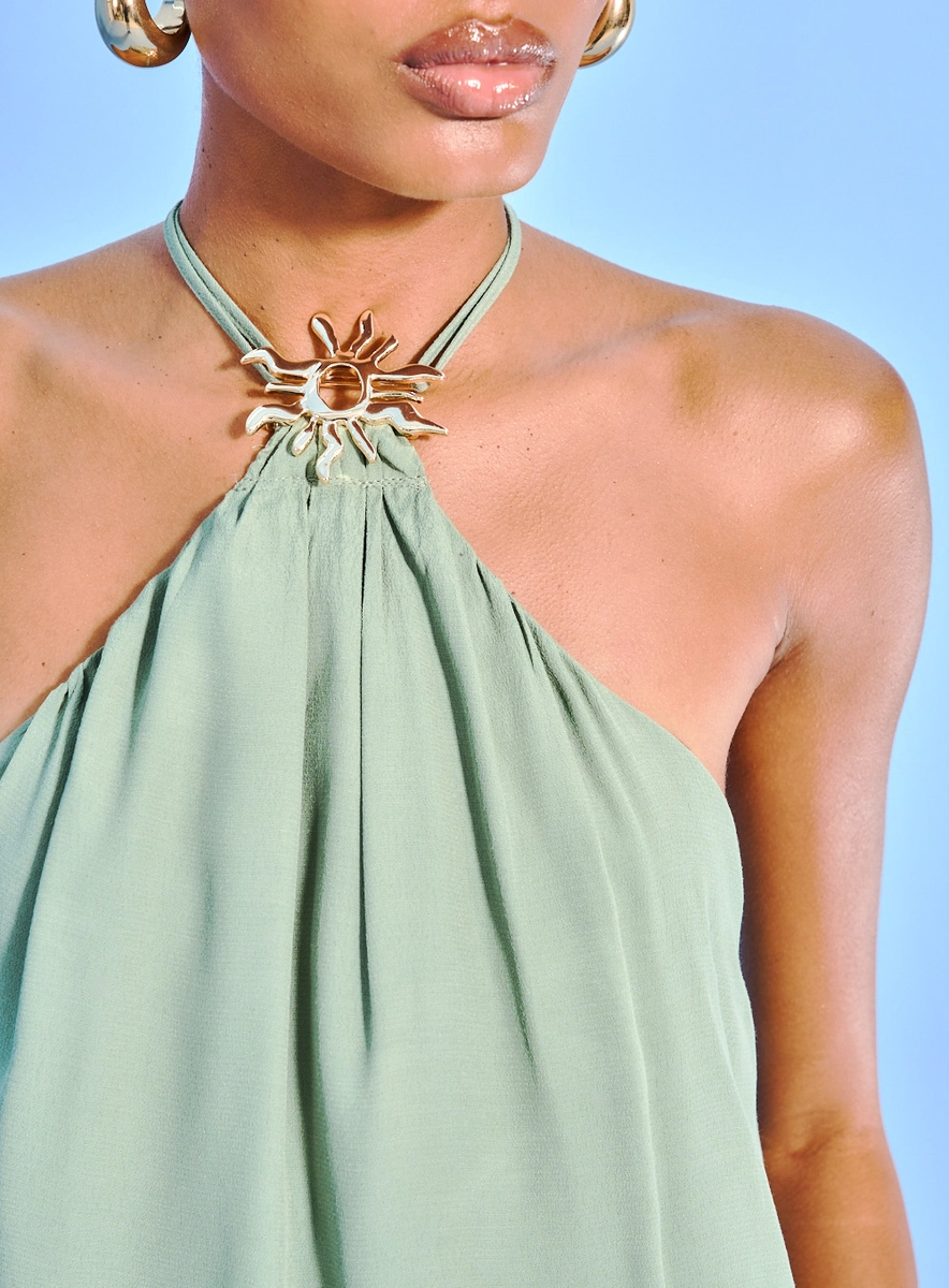 Blusa Feminina Decote Halter Com Drapeado Verde Souisy