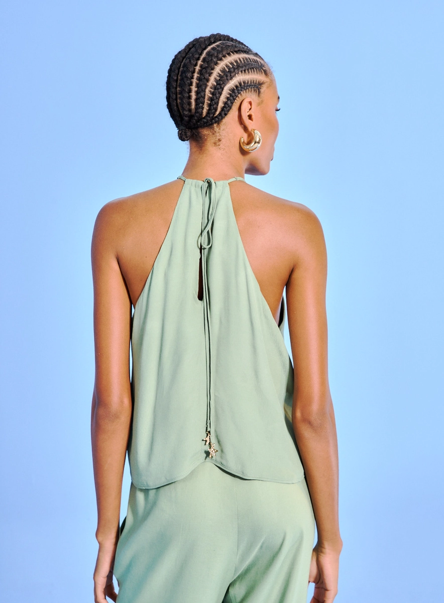 Blusa Feminina Decote Halter Com Drapeado Verde Souisy