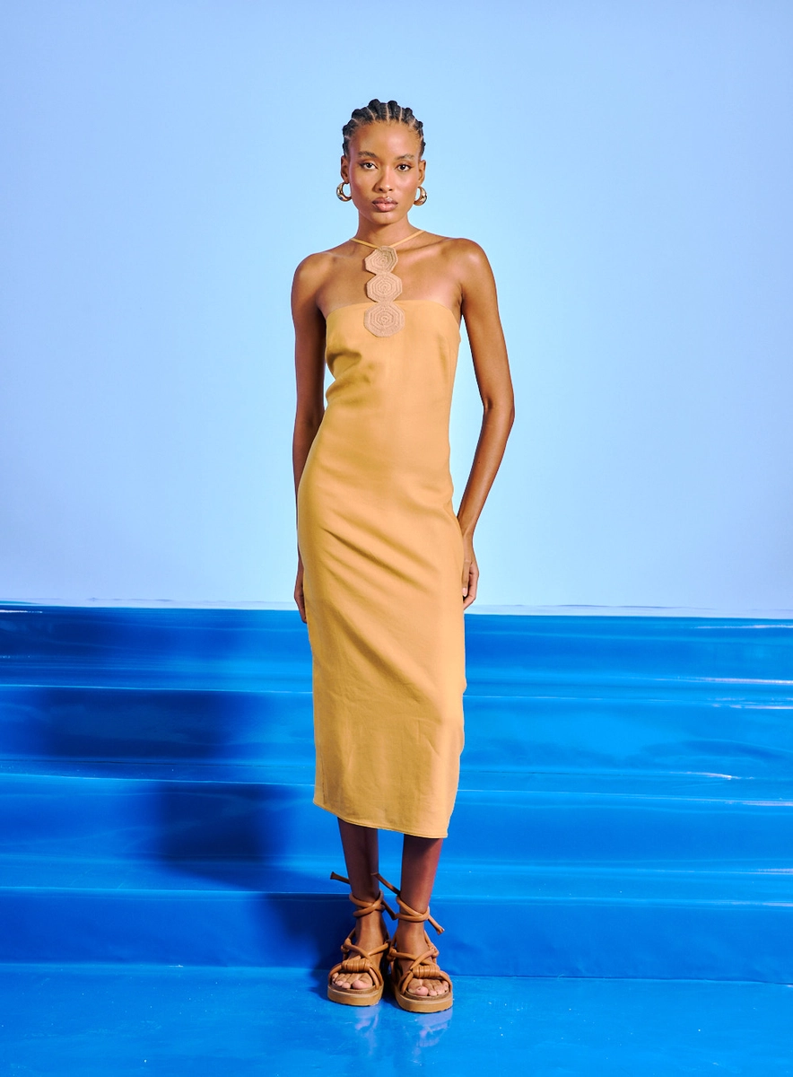 Vestido Linho Midi Costas Abertas Bege Souisy
