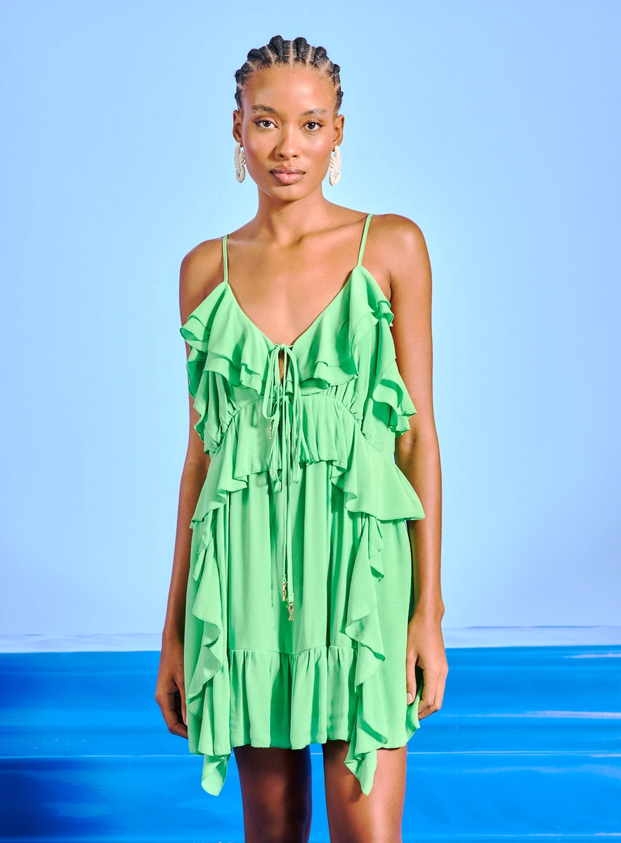 Vestido Curto Com Babados E Amarração Verde Souisy