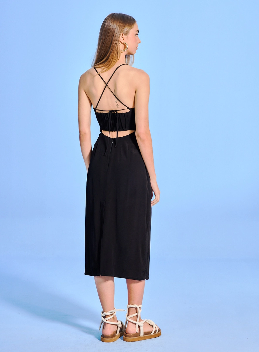 Vestido Midi Decote Torcido Preto Souisy
