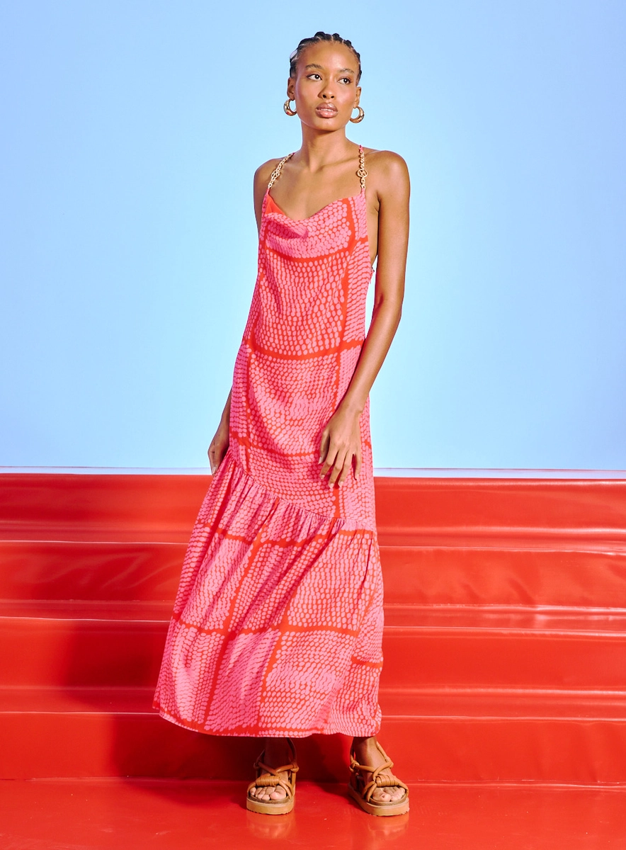 Vestido Alça Com Corrente E Decote Degagê Estampados Souisy