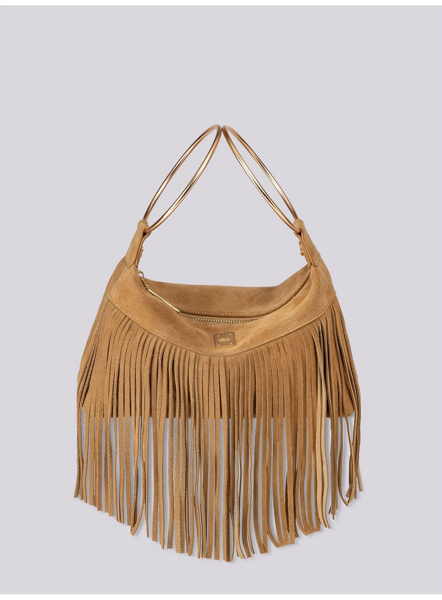 Bolsa Média Alça Em Argolas E Franjas Marrom Torkati Lcecci