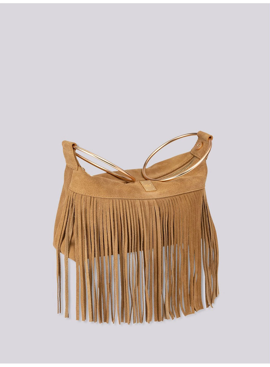 Bolsa Média Alça Em Argolas E Franjas Marrom Torkati Lcecci