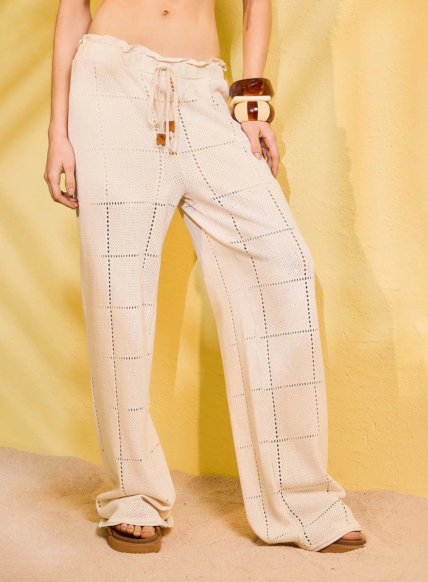 Calça Pantalona Malha Texturizada Bege Souisy