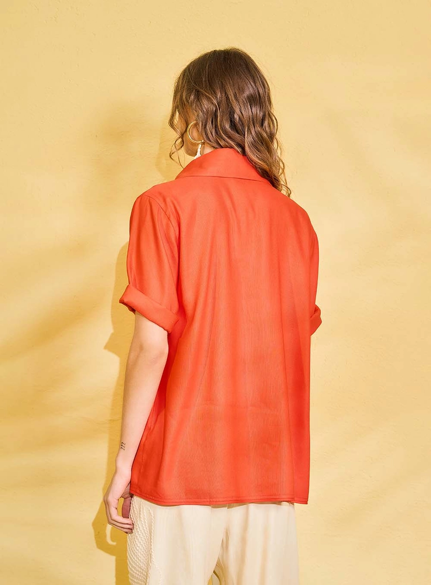 Camisa Alfaiataria Linho Bordada Laranja Souisy