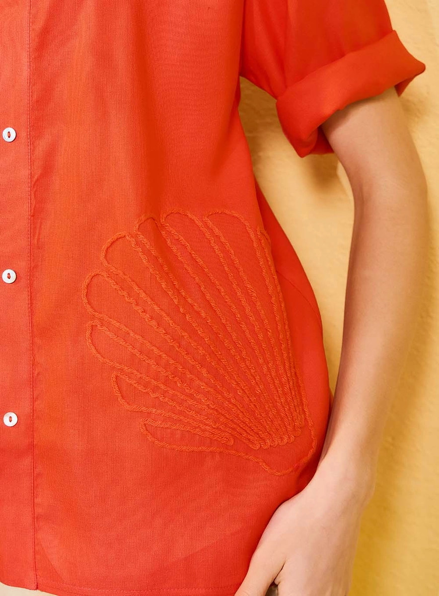 Camisa Alfaiataria Linho Bordada Laranja Souisy