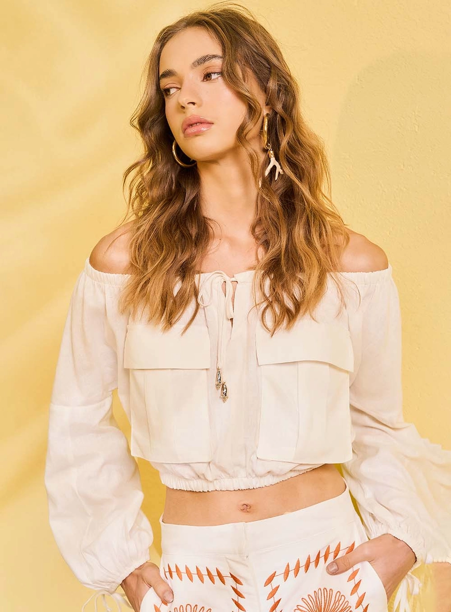 Blusa Manga Longa Com Bolsos Frontais Off Shell Souisy