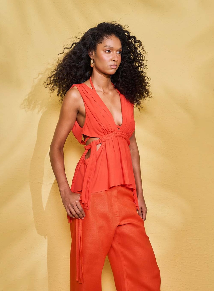 Blusa Drapeada Decote V Profundo Com Trança Laranja Souisy