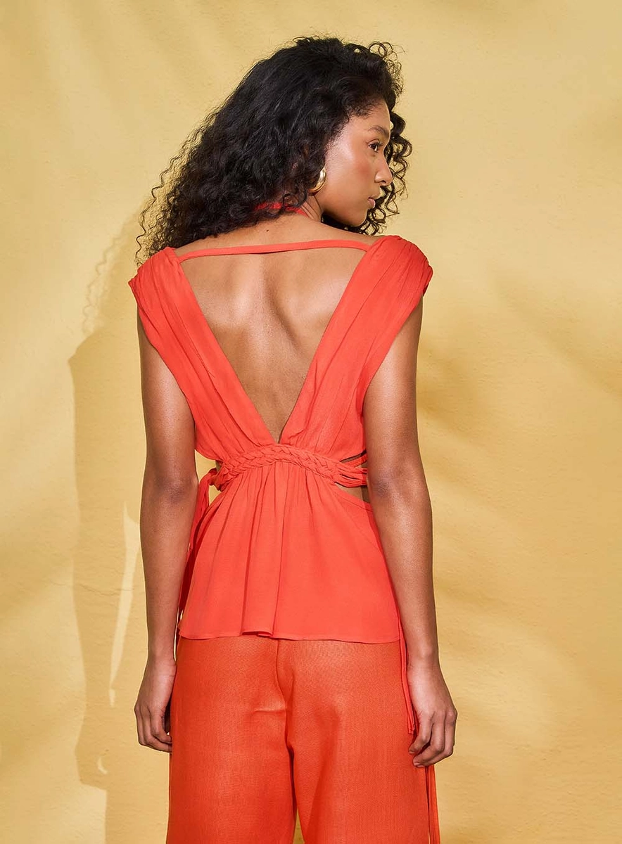 Blusa Drapeada Decote V Profundo Com Trança Laranja Souisy