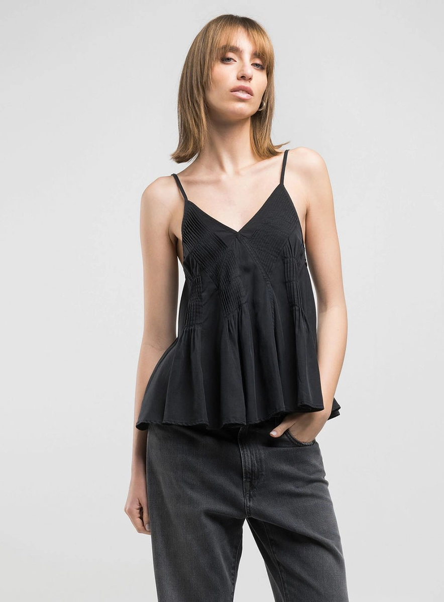 Blusa Decote V Em Linho Preto Lcecci
