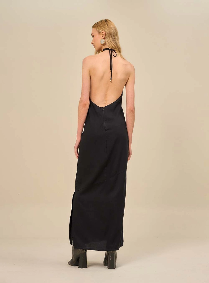 Vestido Longo Com Argola Metálica Preto Souisy