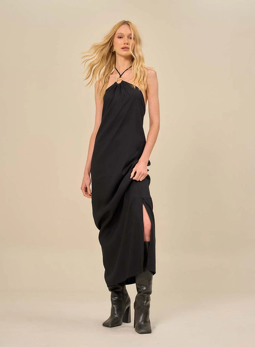 Vestido Longo Com Argola Metálica Preto Souisy