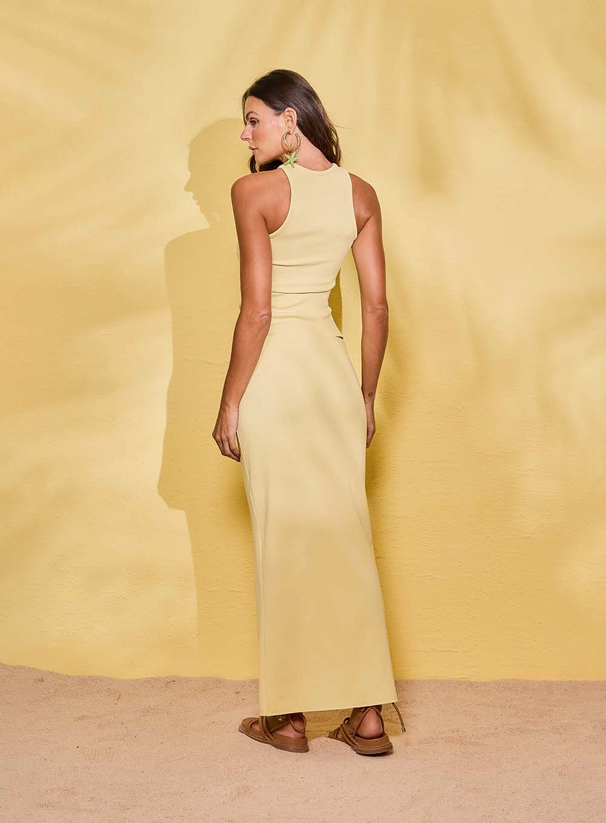 Saia Longa Slim Com Franzido E Fenda Frontal Amarelo Souisy