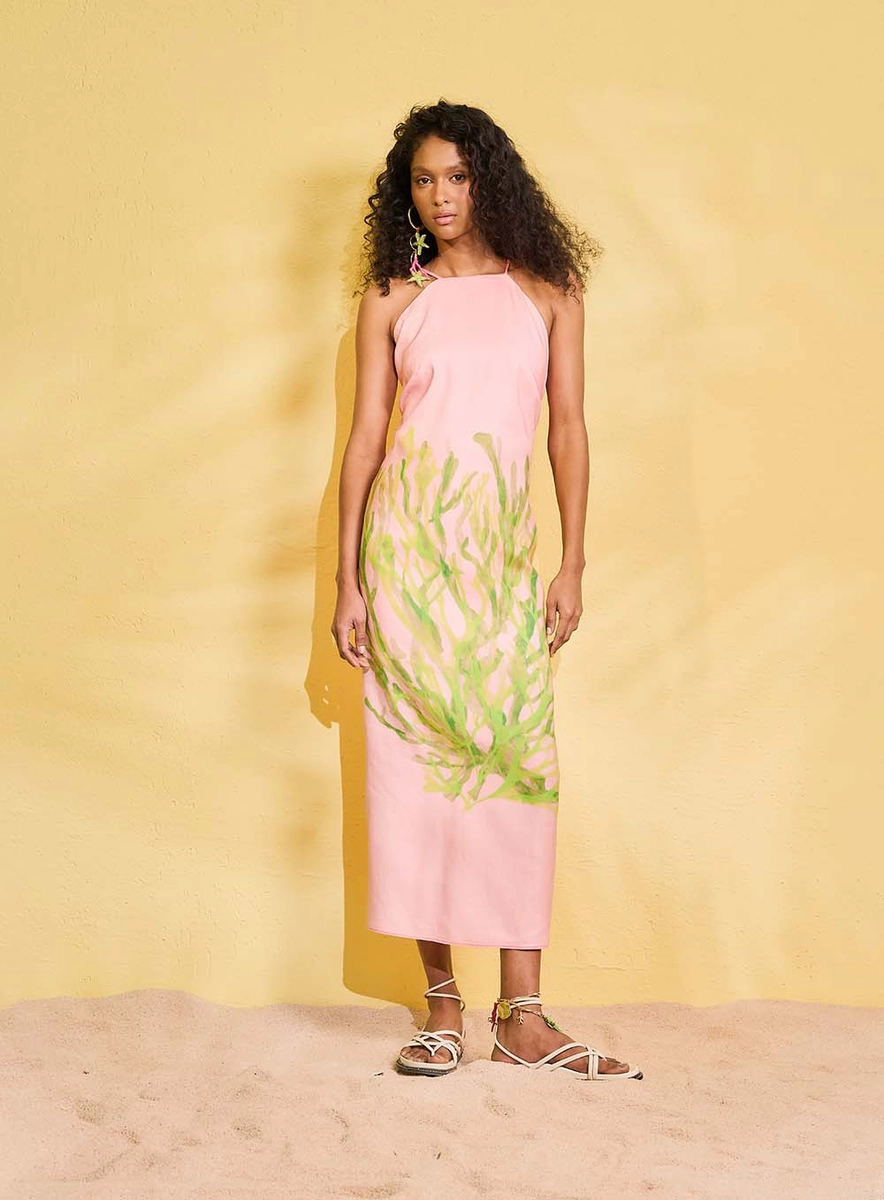 Vestido Midi Estampado Costas Abertas Rosa Souisy