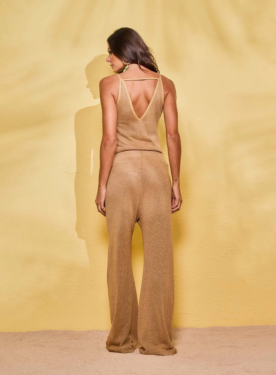 Calça Pantalona Cintura Alta Metalizada Bege Souisy