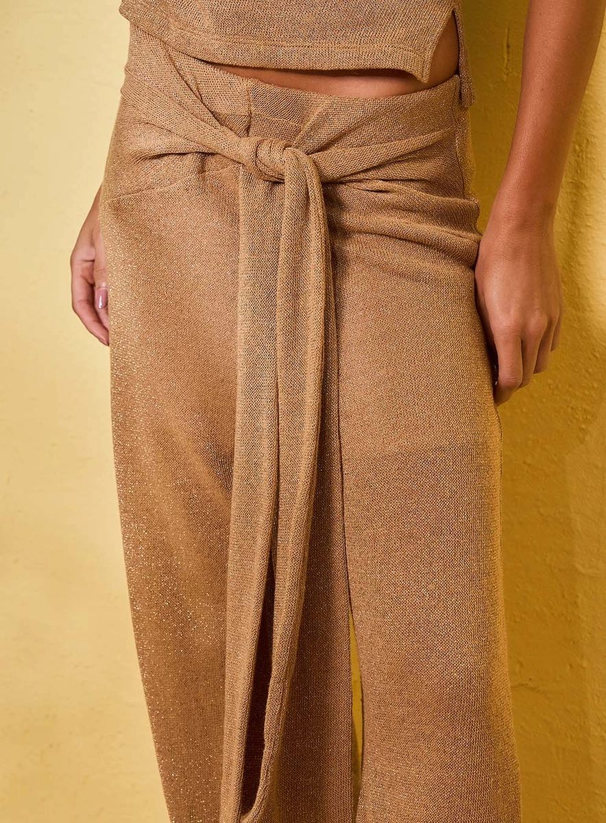 Calça Pantalona Cintura Alta Metalizada Bege Souisy