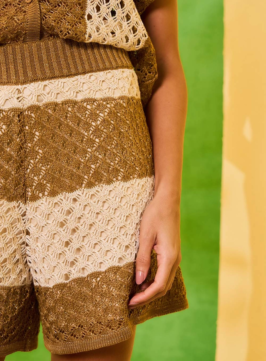Short Tricô Cintura Alta Com Cós Canelado Estampados Souisy