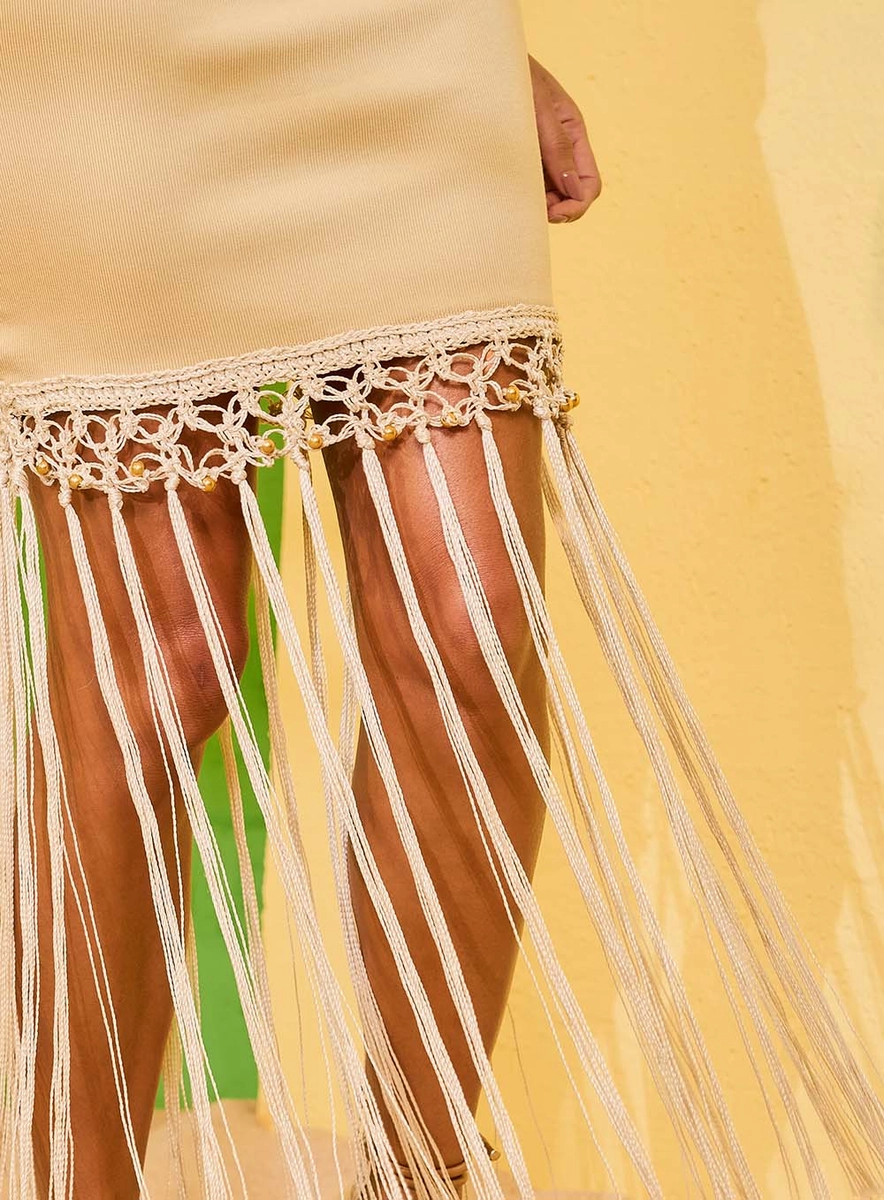 Saia Curta Básico Comfort Com Franja Bege Souisy
