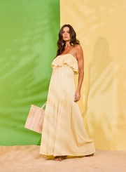 Vestido Longo Bordado Com Babado Sobreposição