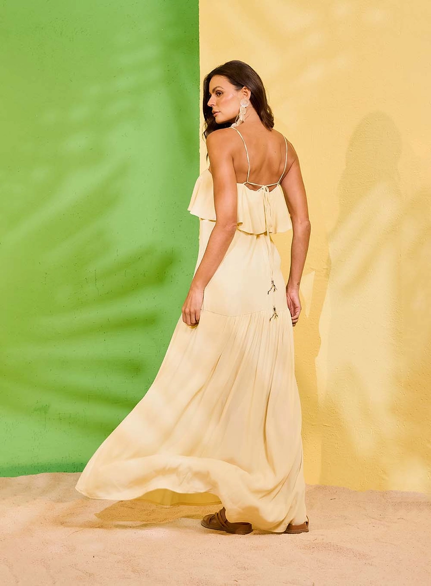 Vestido Longo Bordado Com Babado Sobreposição Bege Souisy