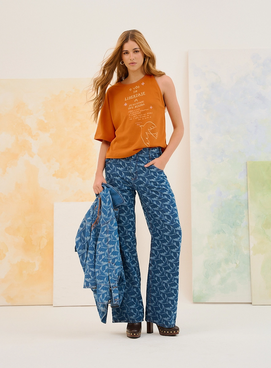 Calça Jeans Estampada Reta De Cintura Média Índigo Souisy