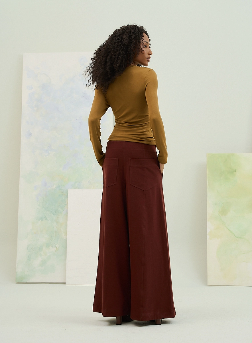 Calça Wide Leg Com Bolsos Faca Marrom Souisy