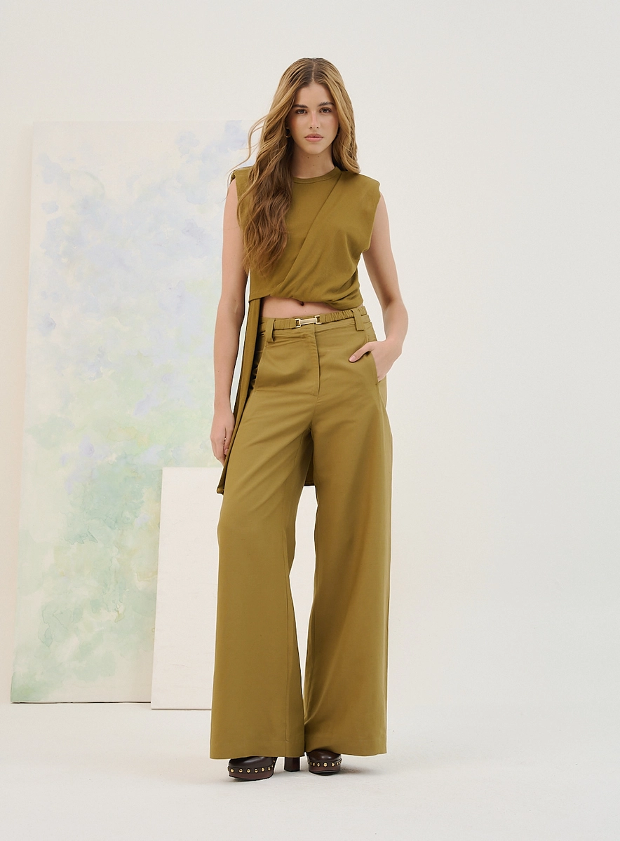 Calça Basic Comfort Pantalona Com Cinto Verde Souisy