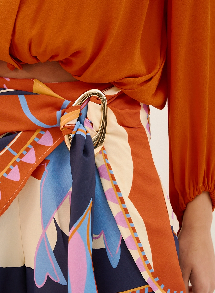 Short Estampado Com Pala Transpassada E Amarração Estampados Souisy