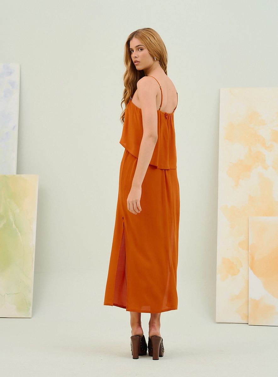 Vestido Midi Com Sobreposição E Aplique Metálico Laranja Souisy
