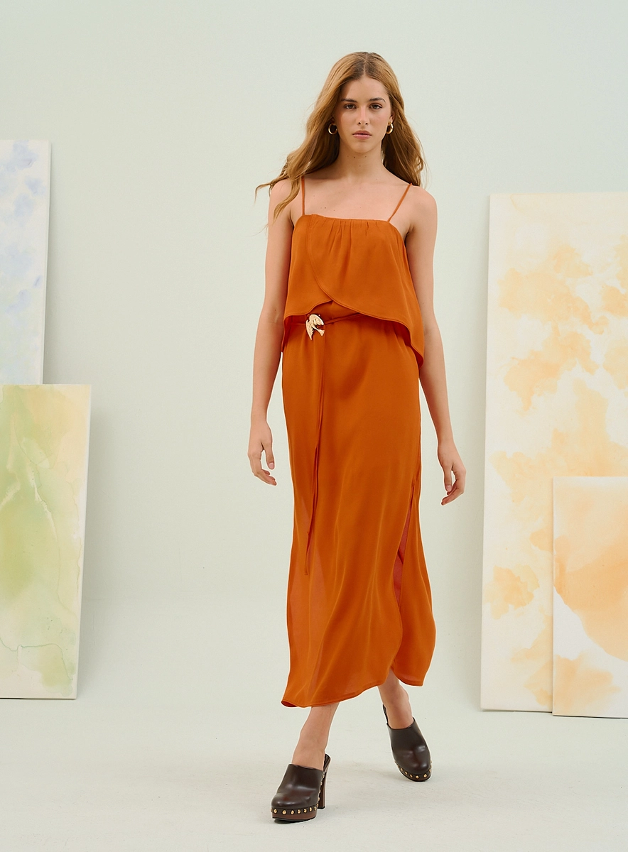 Vestido Midi Com Sobreposição E Aplique Metálico Laranja Souisy