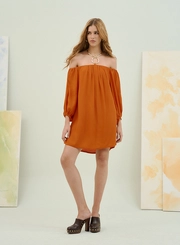 Vestido Ombro A Ombro Curto Com Mangas 3/4