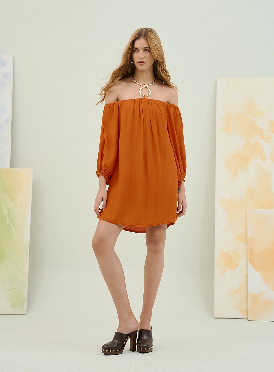 Vestido Ombro A Ombro Curto Com Mangas 3/4 Laranja Souisy