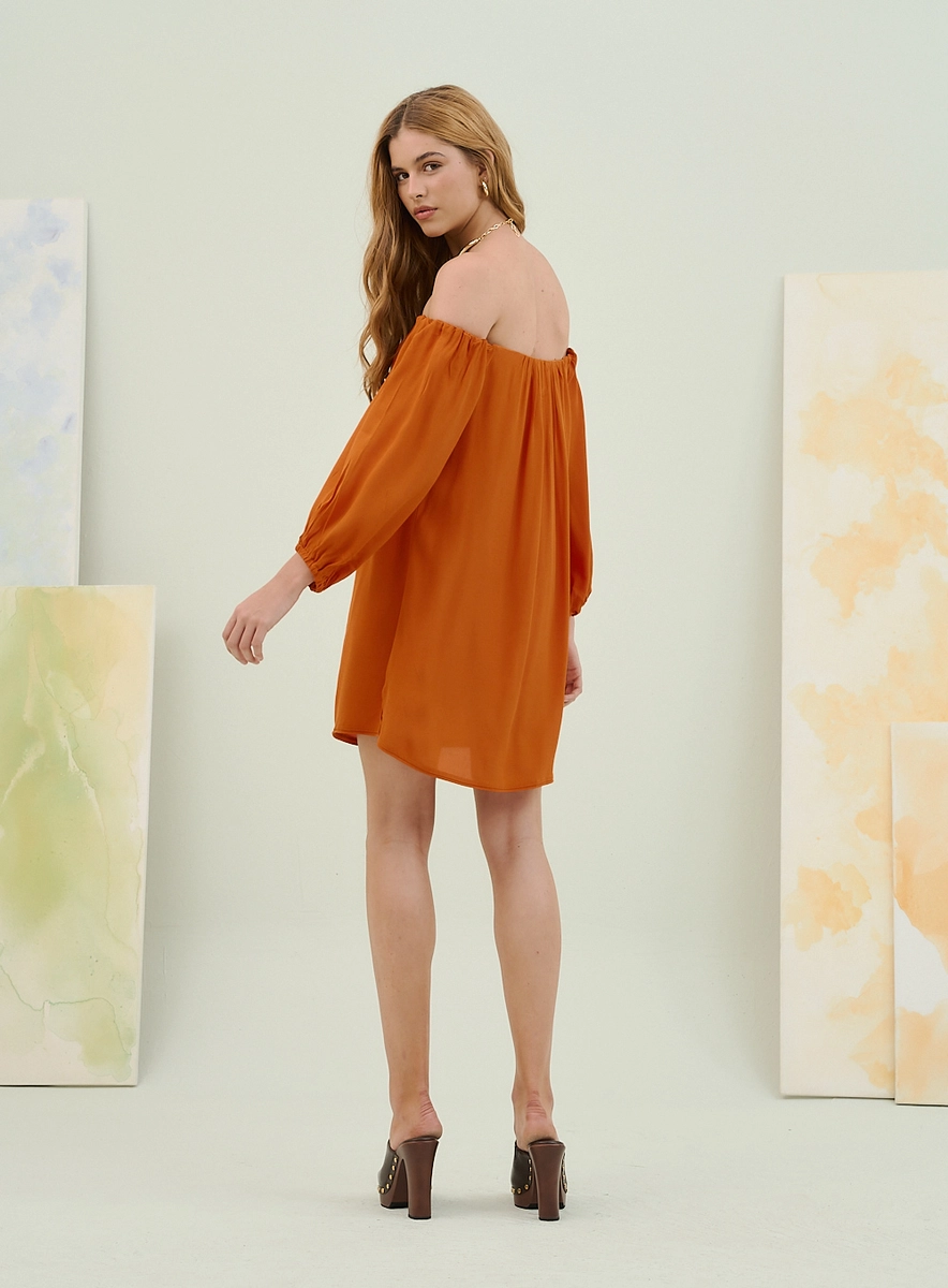 Vestido Ombro A Ombro Curto Com Mangas 3/4 Laranja Souisy