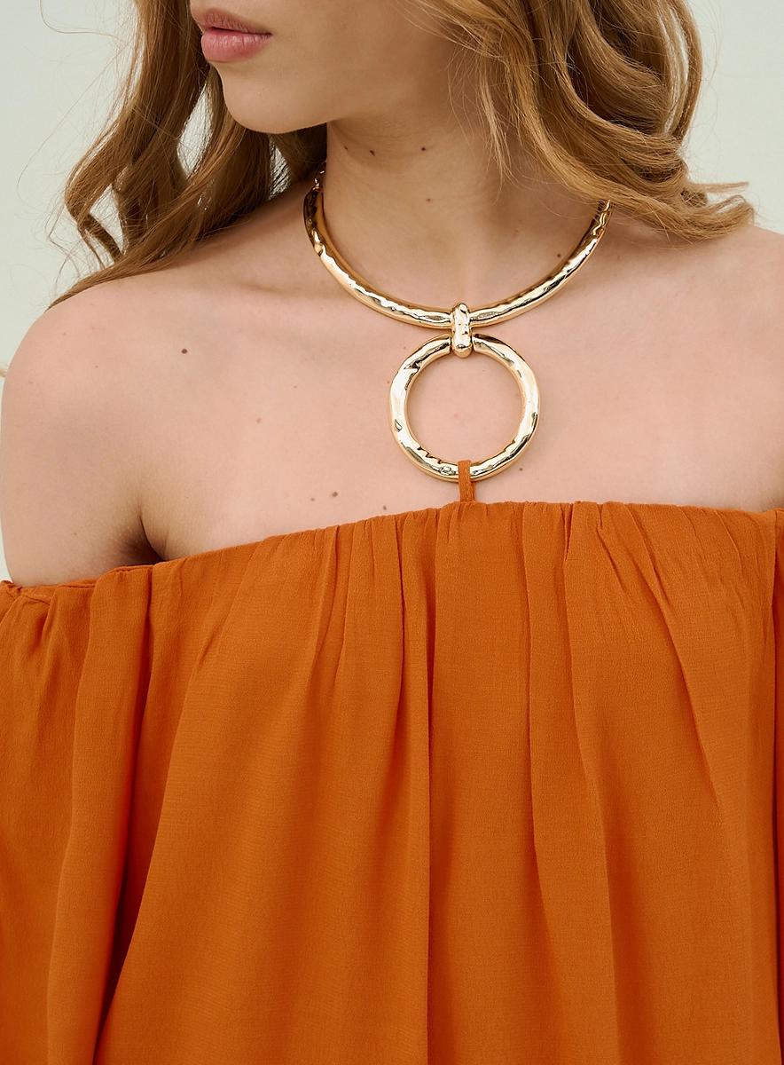 Vestido Ombro A Ombro Curto Com Mangas 3/4 Laranja Souisy
