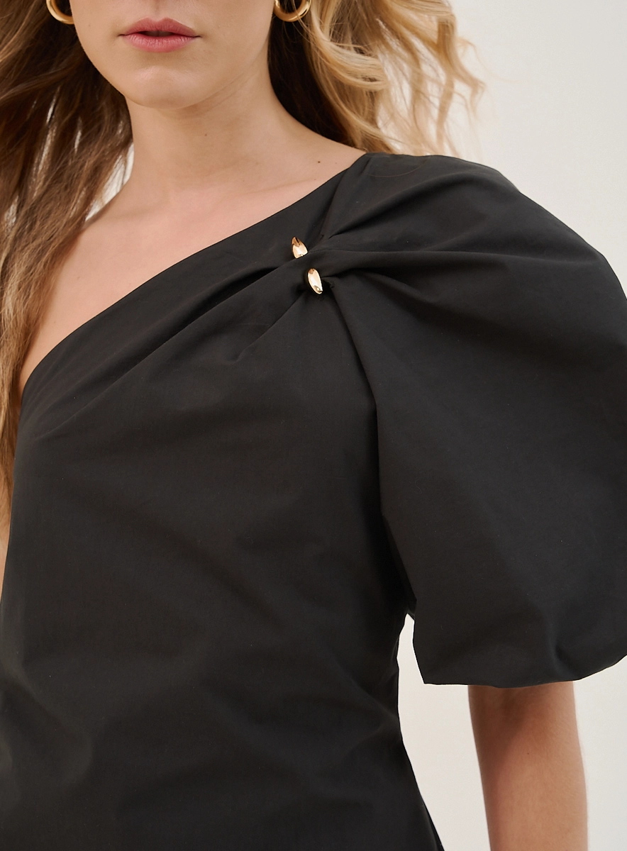 Vestido Curto Com Uma Manga Bufante Preto Souisy